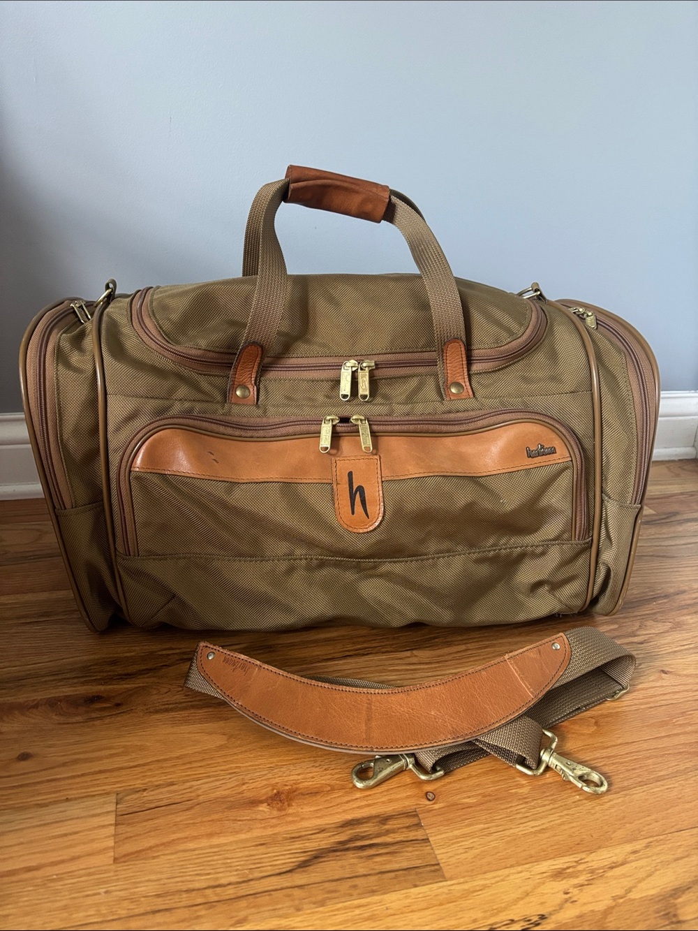 Hartmann Khaki Duffel Bag with Tan Leather Trim and Removable Strap